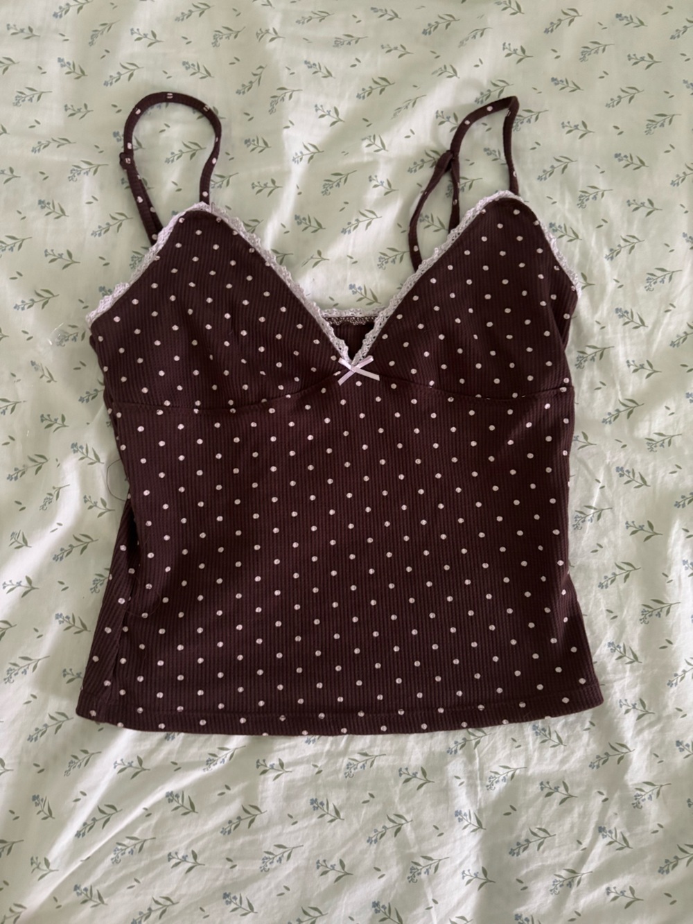 Women’s Polka Dot & Ribbed Lace Trim Cami - Brown and Light Pink - Picture 2 of 3